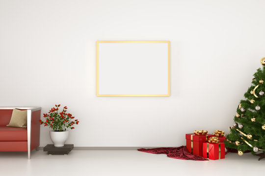 Mock up canvas poster Gold frame with red couch, vase and roses, pillow, Christmas tree and gift boxs. Clean White wall Background.