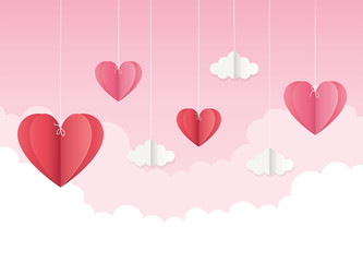 Fototapeta na wymiar happy valentines day origami hanging hearts clouds