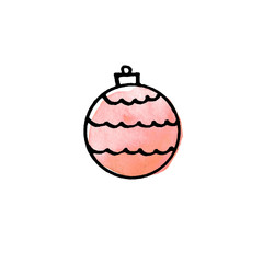 Christmas watercolor tree ball isolated on white background. New year and Christmas line art, doodle, sketch, hand drawn. Simple illustration for greeting cards, calendars, prints