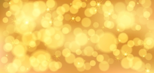 Golden bokeh banner. Bright festive background. Christmas glowing lights. Holiday decorative effect.