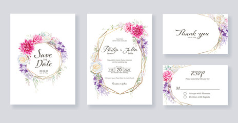 Set of wedding Invitation card, save the date, thank you, rsvp template. Vector. 