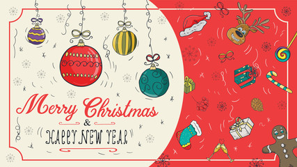 banner Christmas new 2 year outline color sketches for decoration postcard design background style childrens Doodle greeting inscription divided into two halves balls toys