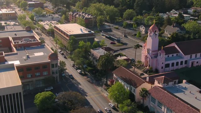 Aerial: Church of Saint Raphael in downtown San Rafael in Marin County. California, USA . 20 April 2019