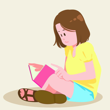 Happy girl short hair reading and preparing for examination. Book lover, reader, isolated on background. Flat cartoon vector illustration.