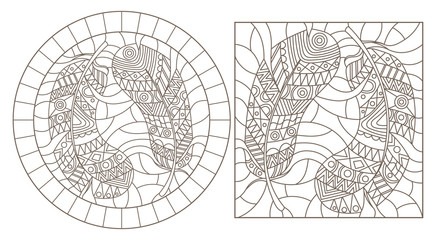 Set of contour illustrations of stained glass Windows with patterned feathers, dark outlines on a white background