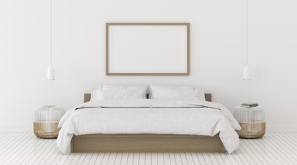 Perspective of modern bedroom with picture frame and white hanging lamp, Interior idea of minimal style. 3D rendering.