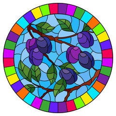 Illustration in the style of a stained glass window with the branches of plum  tree , the  branches, leaves and fruits against the sky, oval image in bright frame