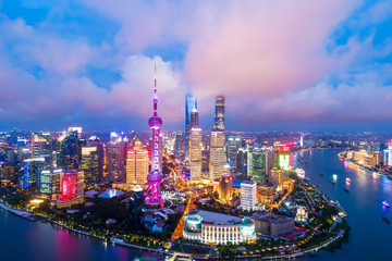 Aerial view of Shanghai skyline at night,China.