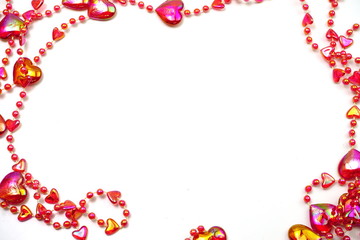 Red heart bead border frame with space copy on white background