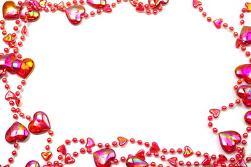 Red heart bead border frame with space copy on white background