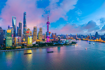 Aerial view of Shanghai skyline at night,China.