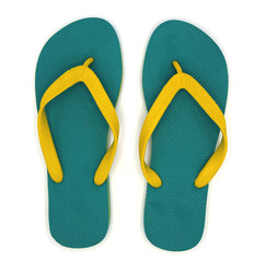 green sandals, yellow straps from the top view on white blackground.