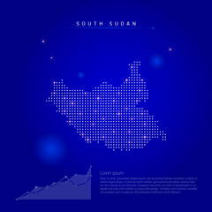 South Sudan illuminated map with glowing dots. Infographics elements. Dark blue space background. Vector illustration. Growing chart, lorem ipsum text.