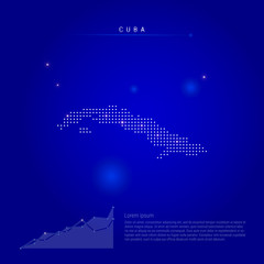 Cuba illuminated map with glowing dots. Infographics elements. Dark blue space background. Vector illustration. Growing chart, lorem ipsum text.