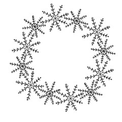 Xmas and new year simple wreath of snowflakes. For greeting card: Merry Christmas. Background for winter holidays.