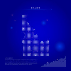 Idaho US state illuminated map with glowing dots. Infographics elements. Dark blue space background. Vector illustration. Growing chart, lorem ipsum text.