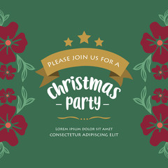 Template christmas party, with red flower frame, isolated on green background. Vector