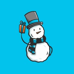 Snowman gift box with hat and scarf on blue background. Winter vector illustration