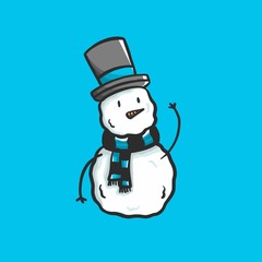 Snowman greets with hat and scarf on blue background. Winter vector illustration