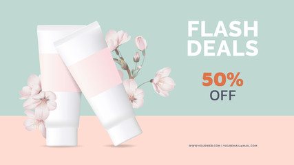 Cosmetics banner mockup template design, cream tubes decorated with sakura flowers on blue and pink