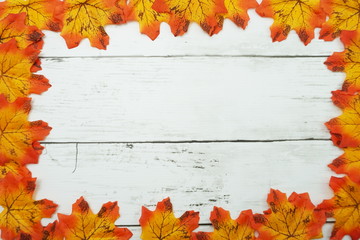 Naklejka na ściany i meble Autumn Maple leave border frame on wooden background
