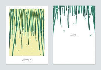Season greetings card template design, snow over bamboo forest on small hill - obrazy, fototapety, plakaty
