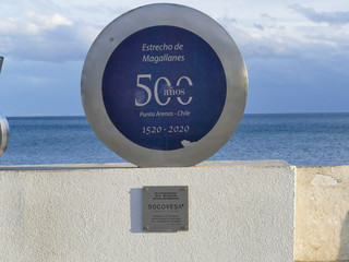 Punta Arenas, View of the city name sign by the coastline of the 'Estrecho de Magallanes' at the...