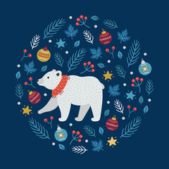 Christmas greeting card with polar bear, baubles and stars on navy blue background. Hand drawn vector illustration.