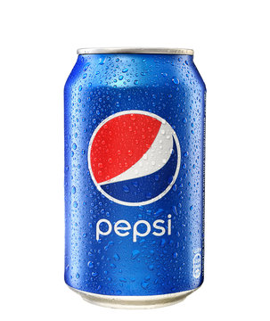POLTAVA, UKRAINE - MARCH 22, 2018: Pepsi drink in a can on ice isolated on white background. Pepsi is carbonated soft drink produced by PepsiCo. Pepsi was created and developed in 1893