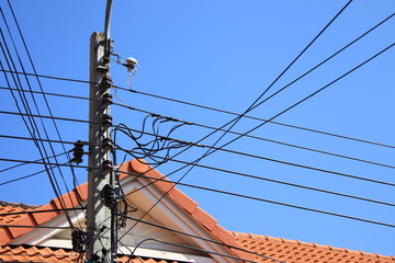 Electric pole and wire cable on blue sky,The roof of the house in the background