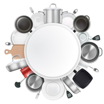 Frame with kitchen utensils and dishes, realistic vector illustration