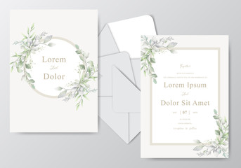 Fototapeta na wymiar Elegant Watercolor Wedding Invitation Card with Greenery Foliage