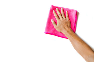 Abstract male hand holding pink microfiber cleaning cloth on white. Background copy space for add text or art work design. 