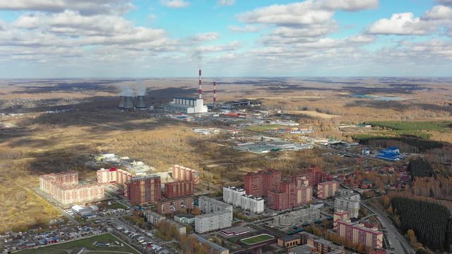 Aerial view on  buildings and power station. Novosibirsk, Siberia, Russia.