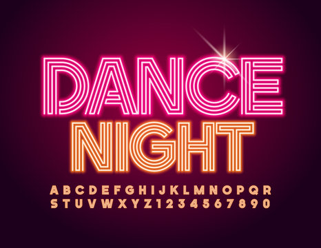 Vector illuminated Emblem Dance Night with modern glowing Alphabet. Neon trendy Font. Stylish Letters, Numbers and Symbols