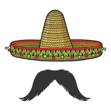 Mexican sombrero hat and mustache sketch engraving vector illustration. T-shirt apparel print design. Scratch board style imitation. Black and white hand drawn image.