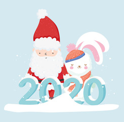 happy new year 2020 celebration santa and rabbit with hat scarf