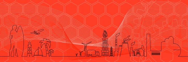 Industrial and tropical recreation relative silhouettes. Woman posing with surfboard,cruise ship, palm and lifeguard tower. Ecology linear design concept