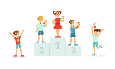Fototapeta premium Children Standing on Award Places and Kids Jumping With Joy Vector Illustration