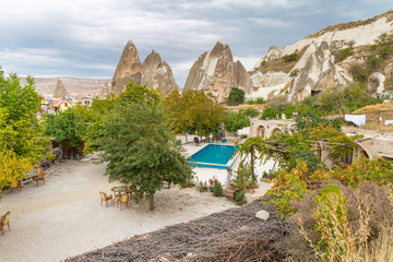 Cappadocia, Turkey. Beautiful home yard with pool. Summer background
