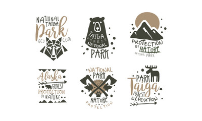 Alaska National Park Promo Signs Series With Wilderness Elements Silhouettess
