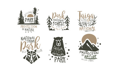 Alaska National Park Promo Signs Series With Wilderness Elements Silhouettess