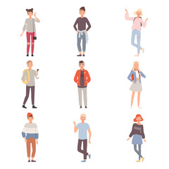 Fototapeta na wymiar Set Of Teenagers In Different Poses Wearing Casual And Smiling Flat Vector Illustration