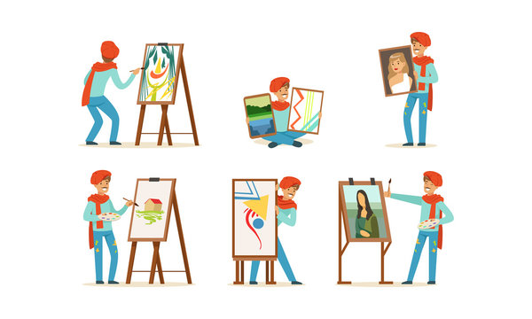 Artist Character Painting on Canvas Vector Set