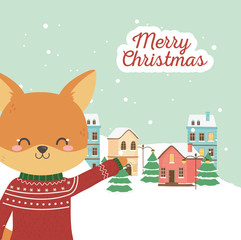 merry christmas celebration cute fox with sweater town snow