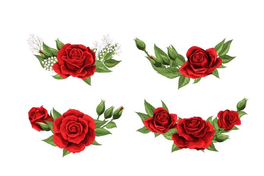 Valentines day postcard set half wreath with red rose flowers bouquet