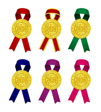 Gold medal & ribbon for 2020 new year greeting ornaments vector illustration set