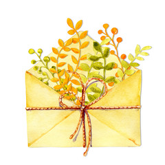 Open mail envelope with flowers and twigs inside. Hand closeup watercolor illustration isolated on white background. Design of the holiday Valentine's Day, mother's day, International Women's Day.