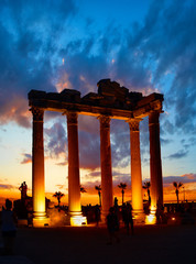 Lighted columns of the Temple of Apollo in Side at sunset