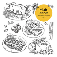 set of illustrations with main dishes. meat dishes. hand drawn vector illustration. sketches